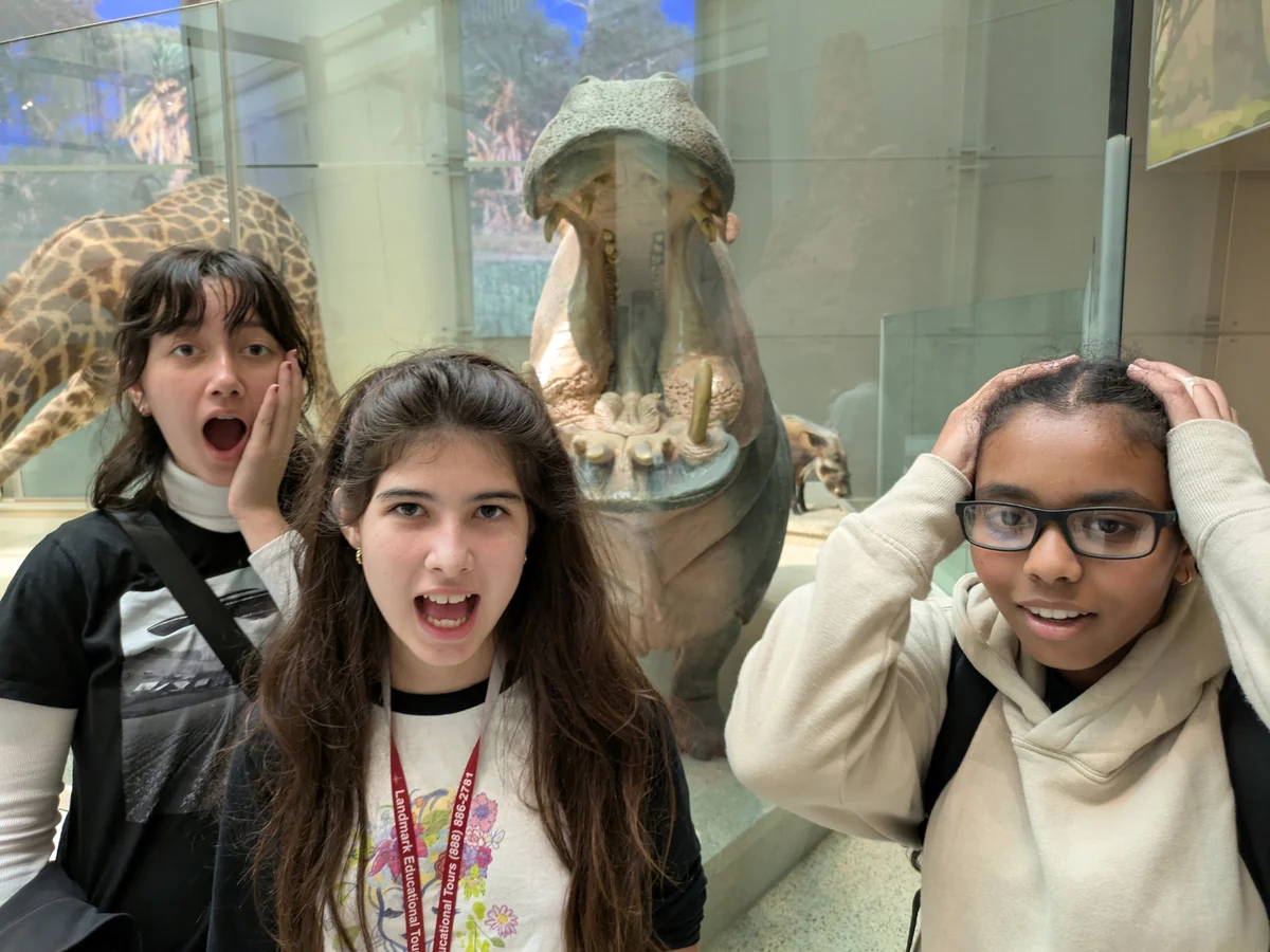 Landmark students reacting to a hippopotamus display in the mammals hall at the Smithsonian National Museum of Natural History
