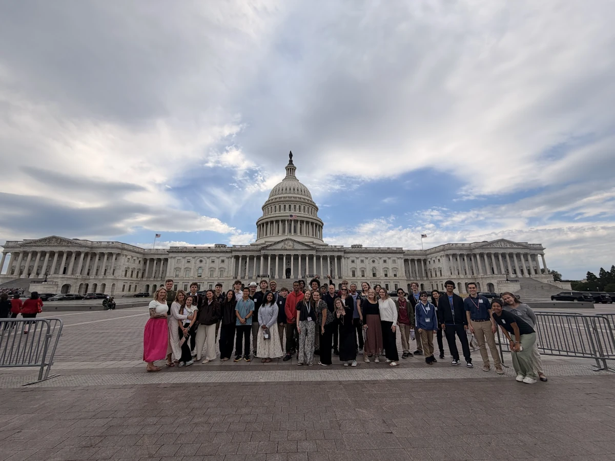 A Landmark student group gathered on the plaza in front of the United States Capitol