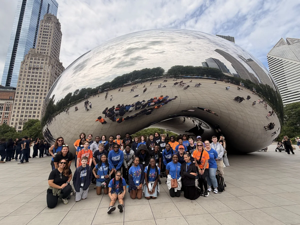 A large Landmark student group in front of Cloud Gate in Millennium Park, Chicago