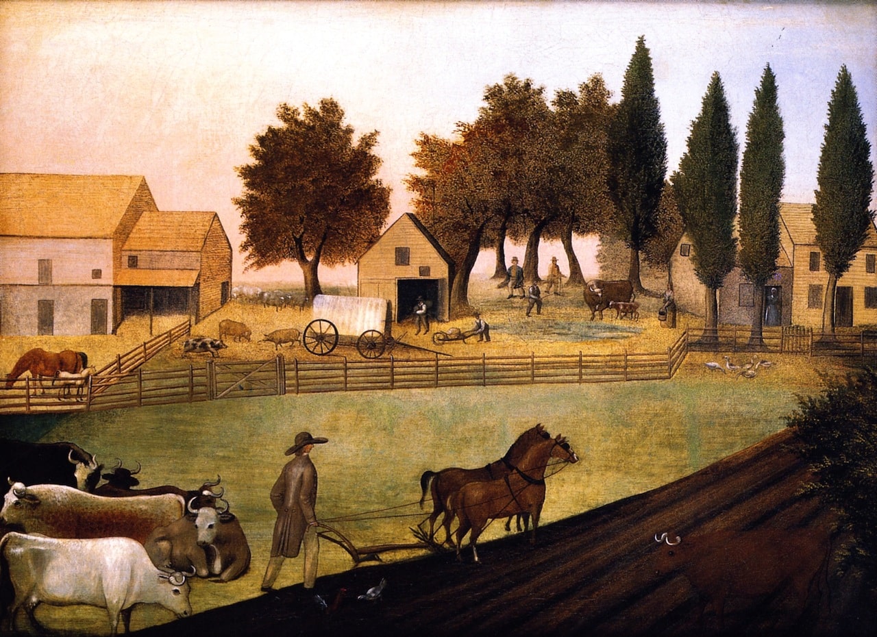 A pastoral farm scene recalls a Colonial Williamsburg Field Trip, with a man plowing a field using two horses, cows and sheep grazing, people working near barns and houses, trees, fenced areas, and a wagon beneath a soft sky.