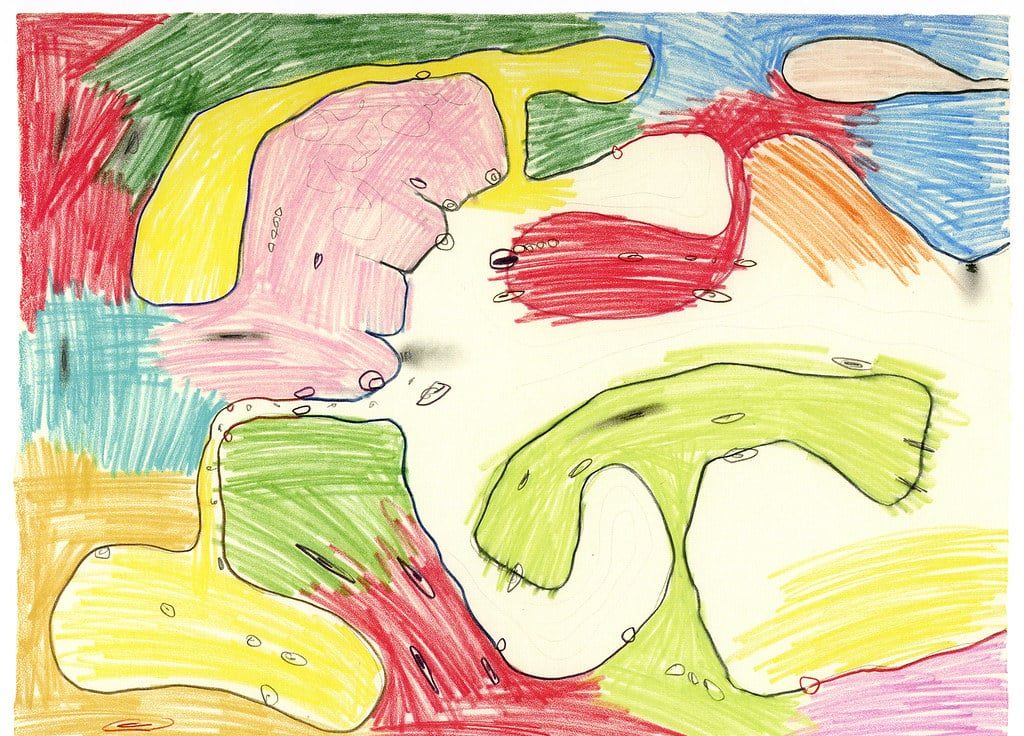 Abstract drawing with colorful, irregular shapes outlined in black, filled with red, green, yellow, pink, orange, and blue—reminiscent of the inspiration found on educational field trips Chicago students might enjoy—plus scribbled lines and white patches throughout on a white background.