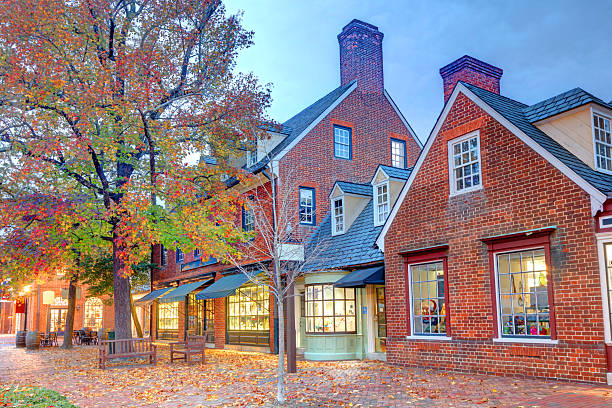 A row of historic brick buildings with large windows lines a tree-filled street, illuminated by warm storefront lights—perfect for a Williamsburg School Trip. Autumn leaves cover the ground, and a bench sits beneath a colorful tree at dusk.
