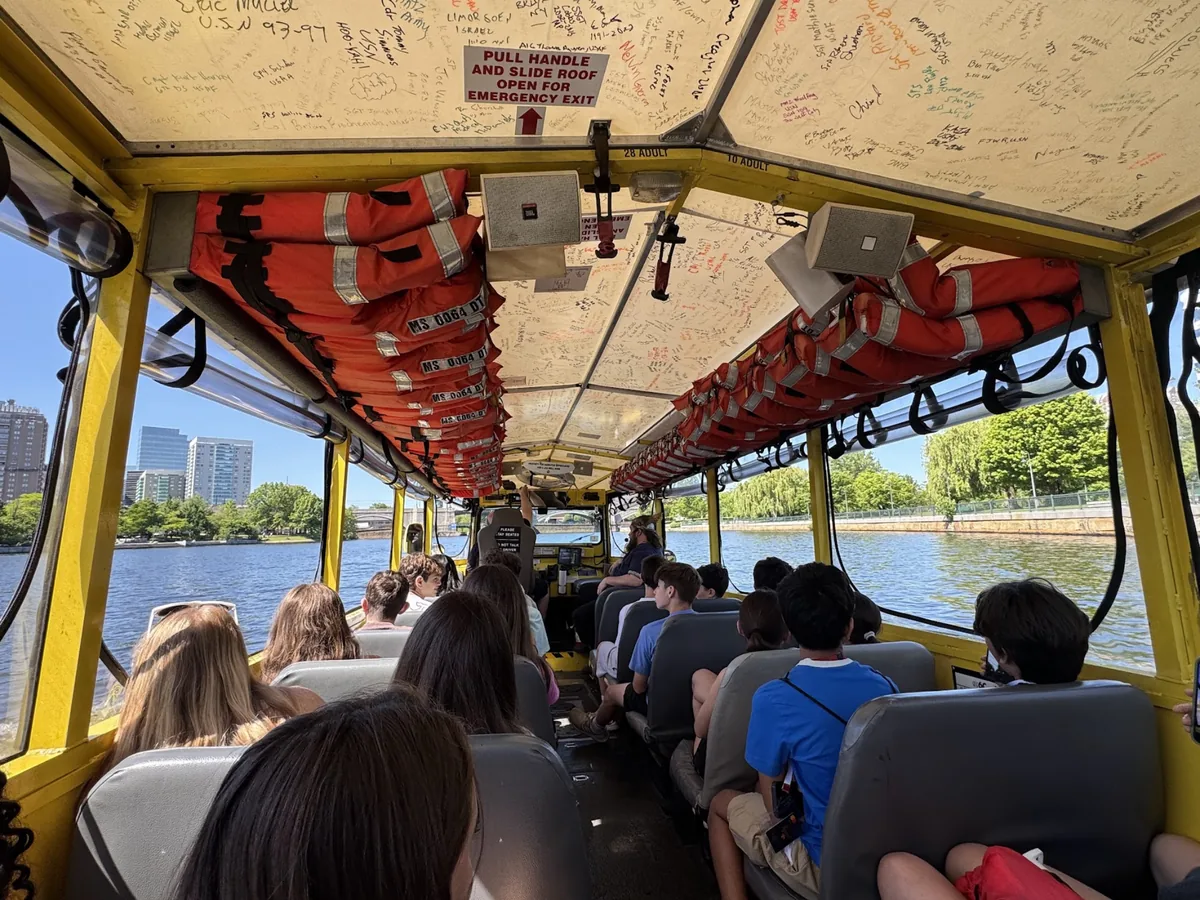 Landmark students aboard a Boston Duck Tour on the Charles River