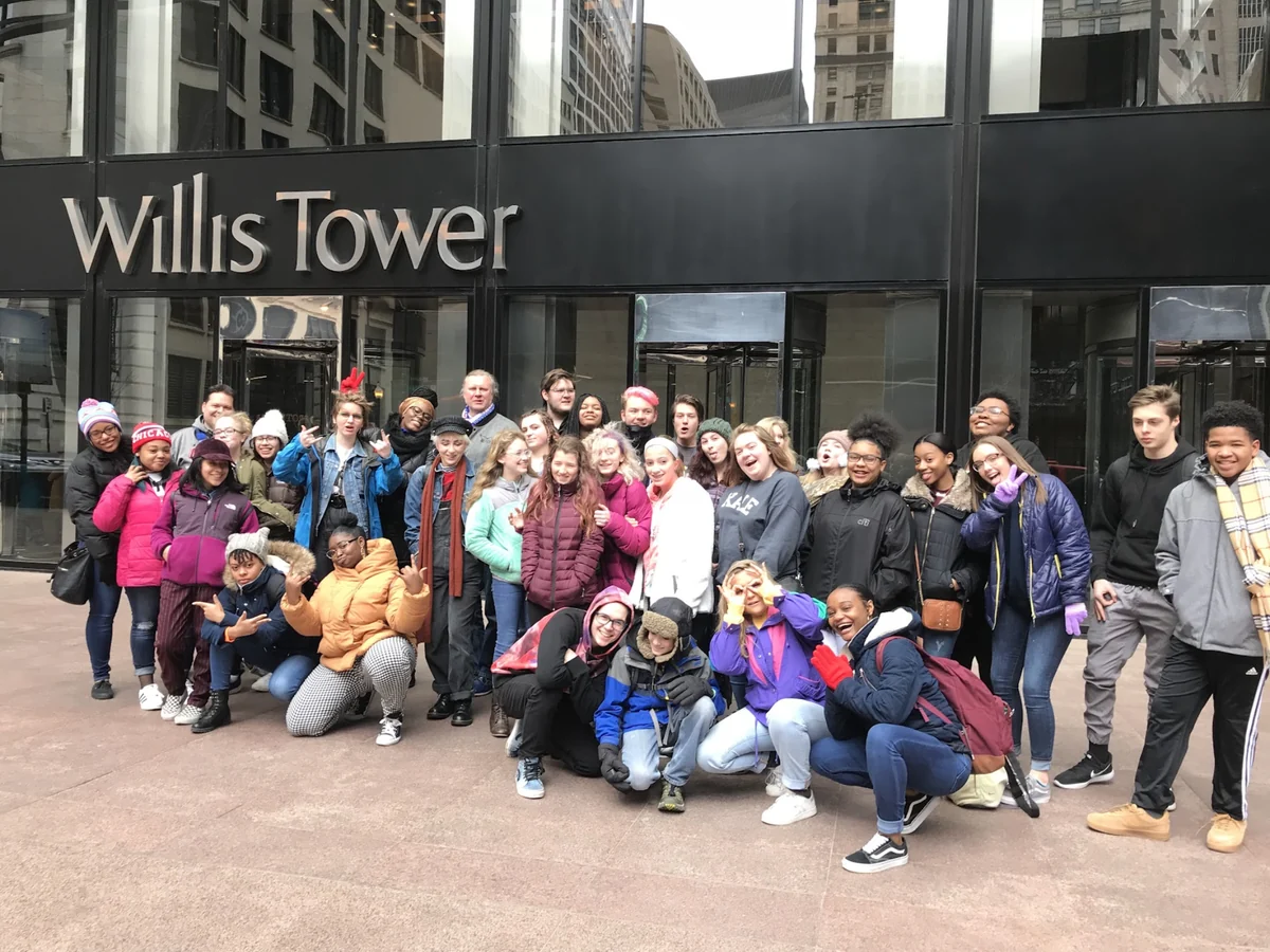 A Landmark student group outside Willis Tower in the Chicago Loop