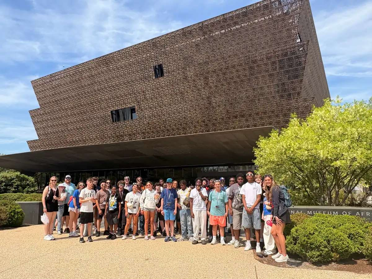 A Landmark student group outside the National Museum of African American History and Culture in Washington, DC