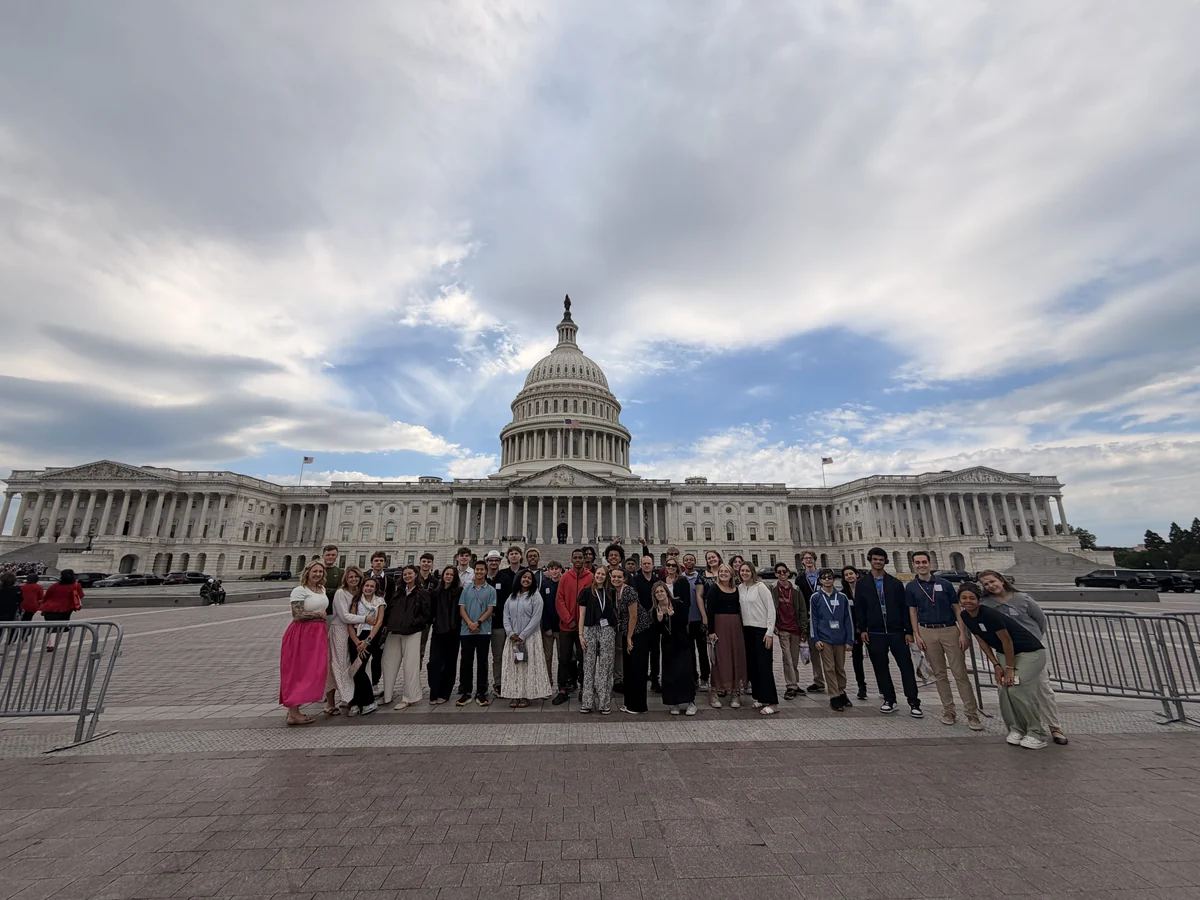 A large Landmark student group photographed in front of the United States Capitol during their Washington, DC school trip
