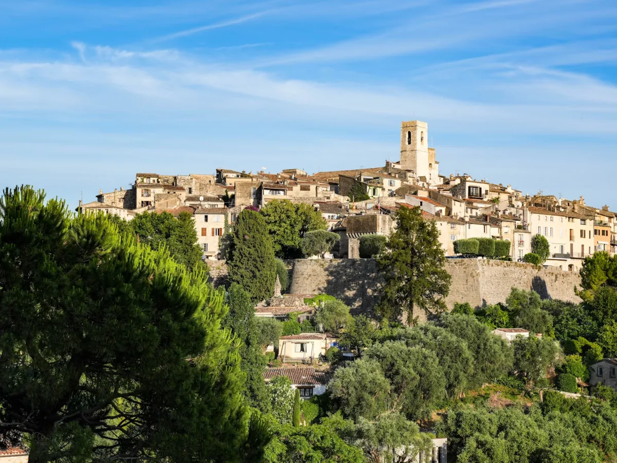 The hilltop village of Saint-Paul-de-Vence on the French Riviera, with its medieval walls and bell tower