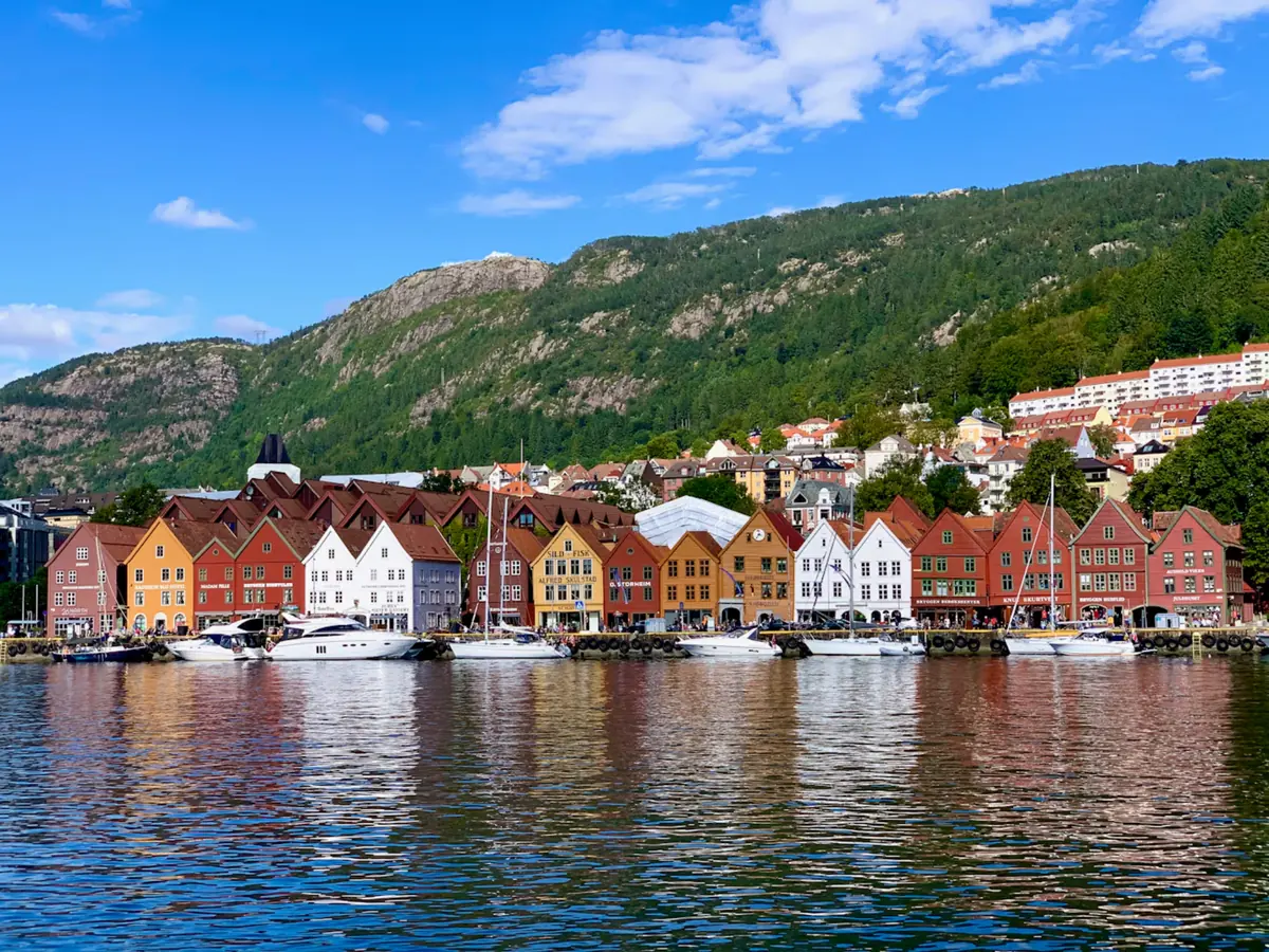 The colorful wooden buildings of the Bryggen waterfront in Bergen, Norway