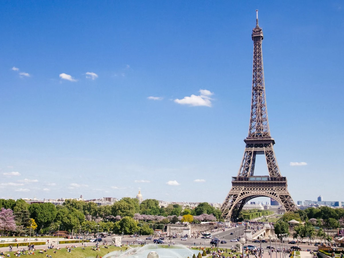 The Eiffel Tower seen from the Trocadero gardens in Paris