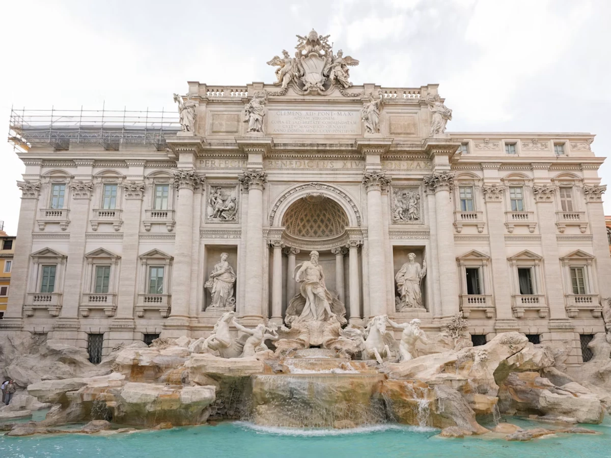 The Trevi Fountain in Rome on a bright day