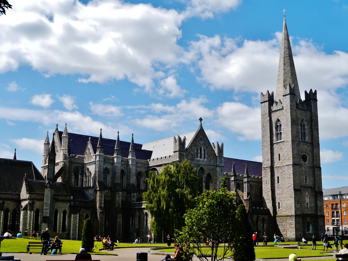St Patrick’s Cathedral in Dublin, with its tower and spire rising above the green of the surrounding park