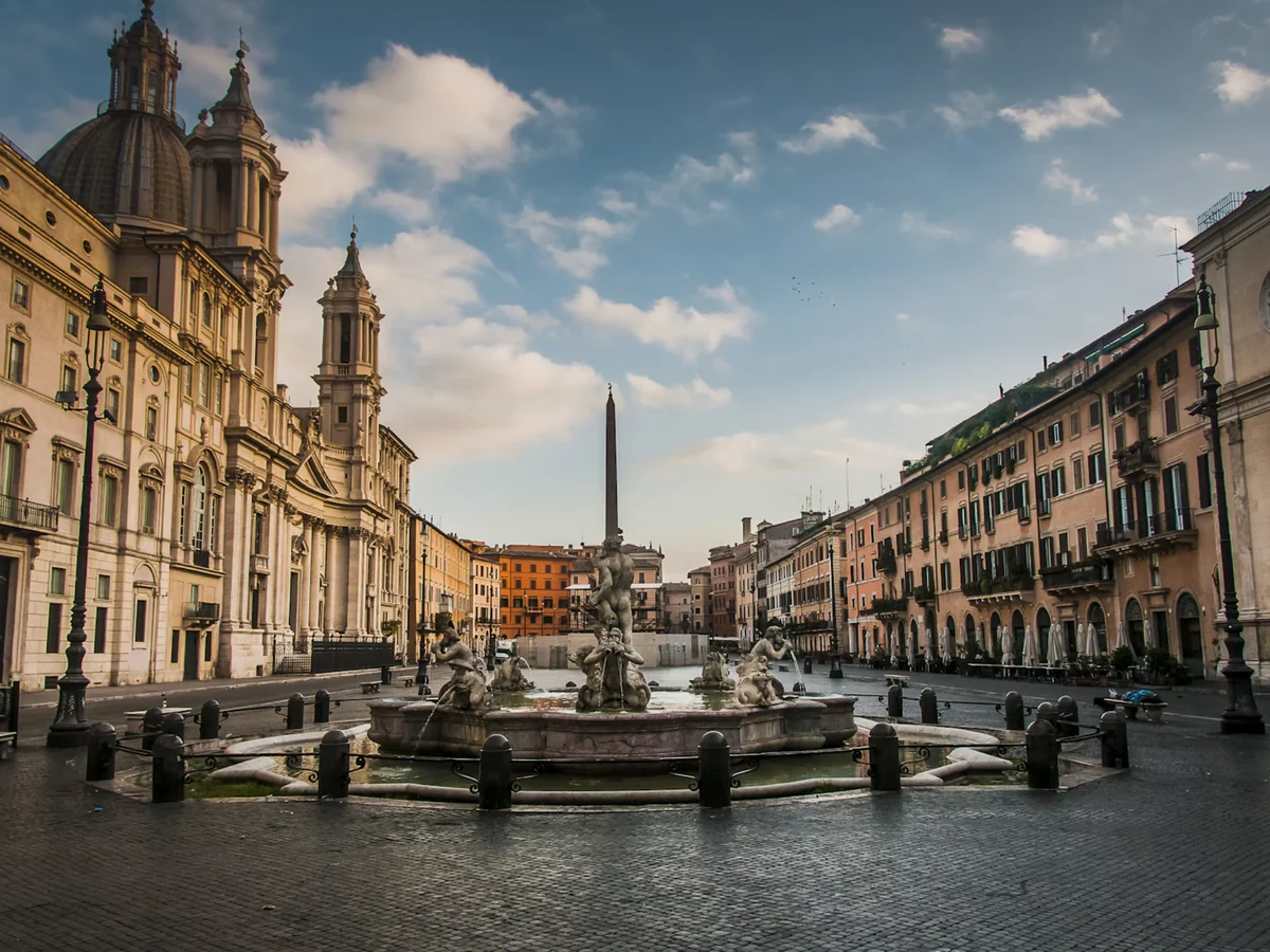 Piazza Navona in Rome, with the Fountain of the Moor and the baroque facade of Sant’Agnese in Agone