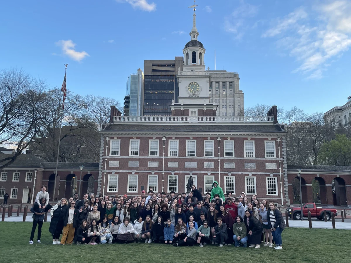 A very large Landmark student group gathered on the lawn in front of Independence Hall in Philadelphia