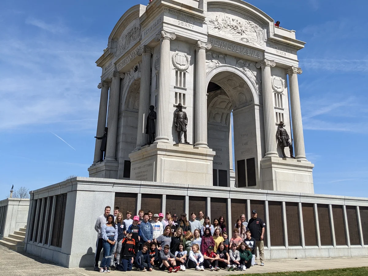 A Landmark student group photographed at the Pennsylvania State Memorial on the Gettysburg battlefield