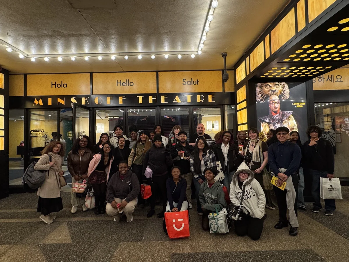 A Landmark student group outside the Minskoff Theatre on Broadway in New York City