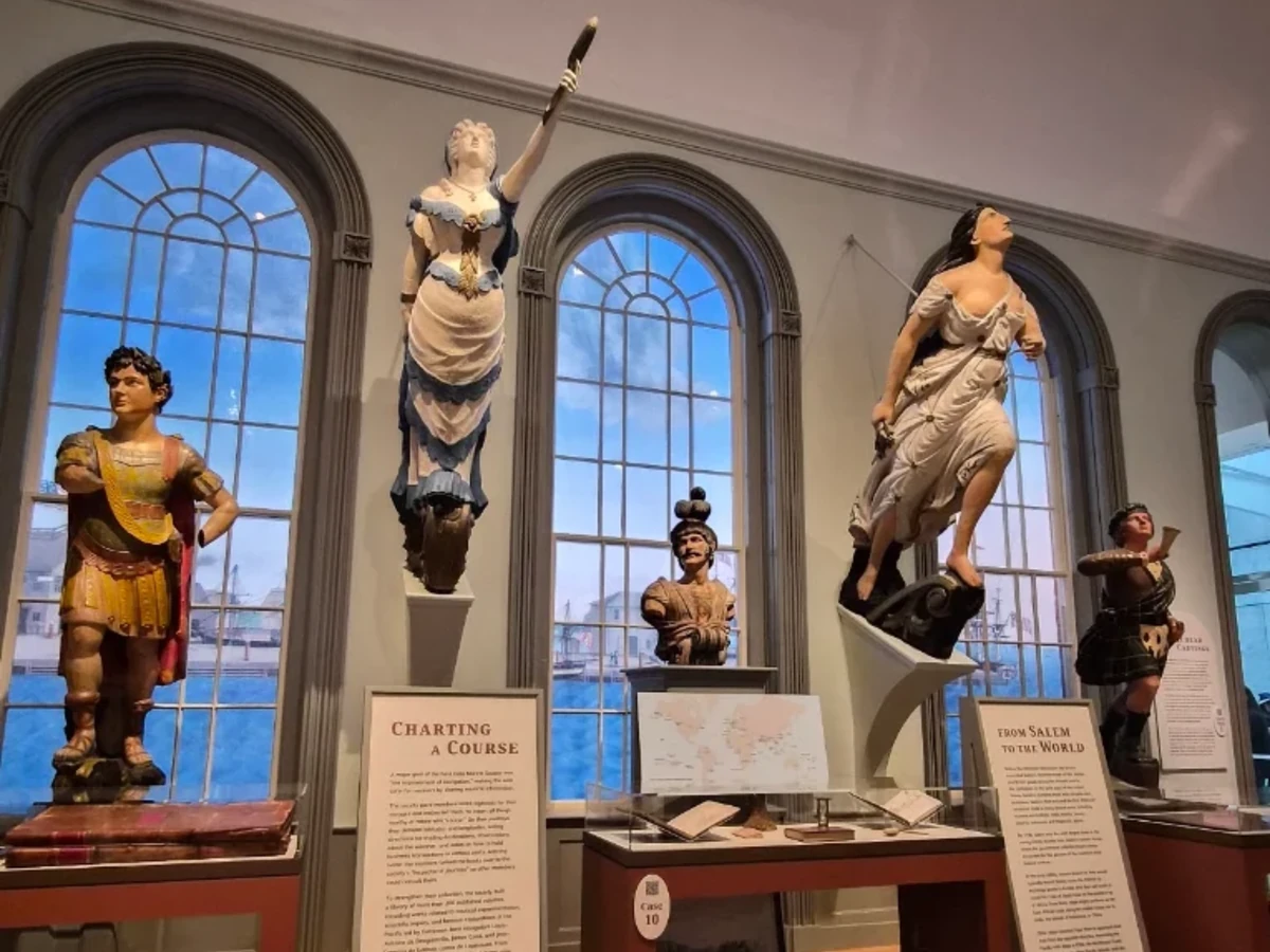Ship figureheads on display in the maritime gallery at the Peabody Essex Museum in Salem