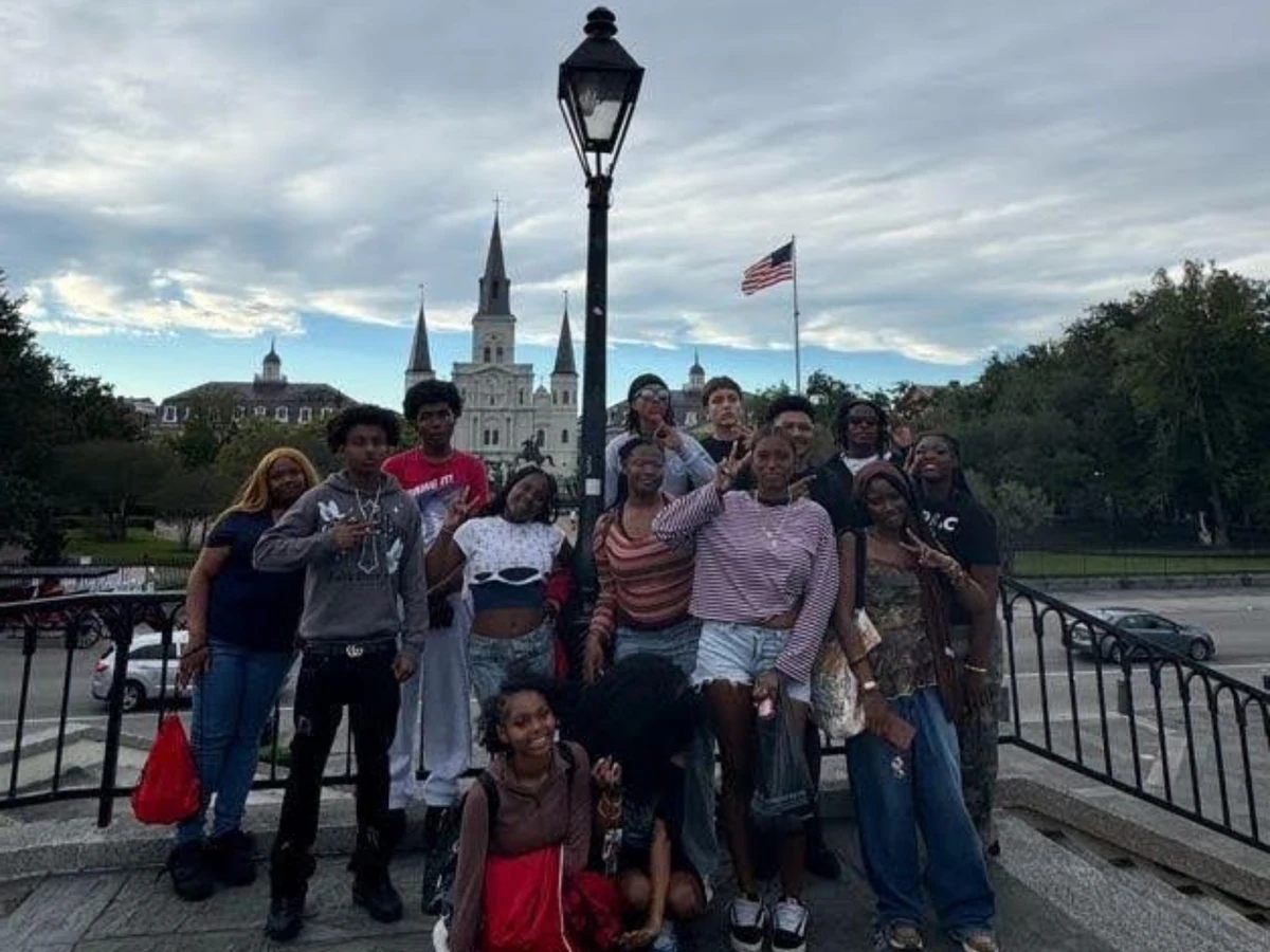 A Landmark student group in front of St. Louis Cathedral at Jackson Square in New Orleans