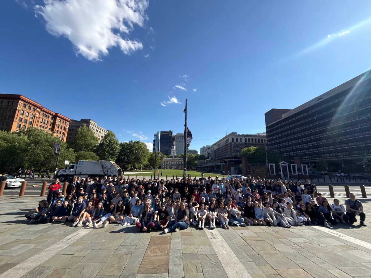 A very large Landmark school group photographed in front of Independence Hall in Philadelphia