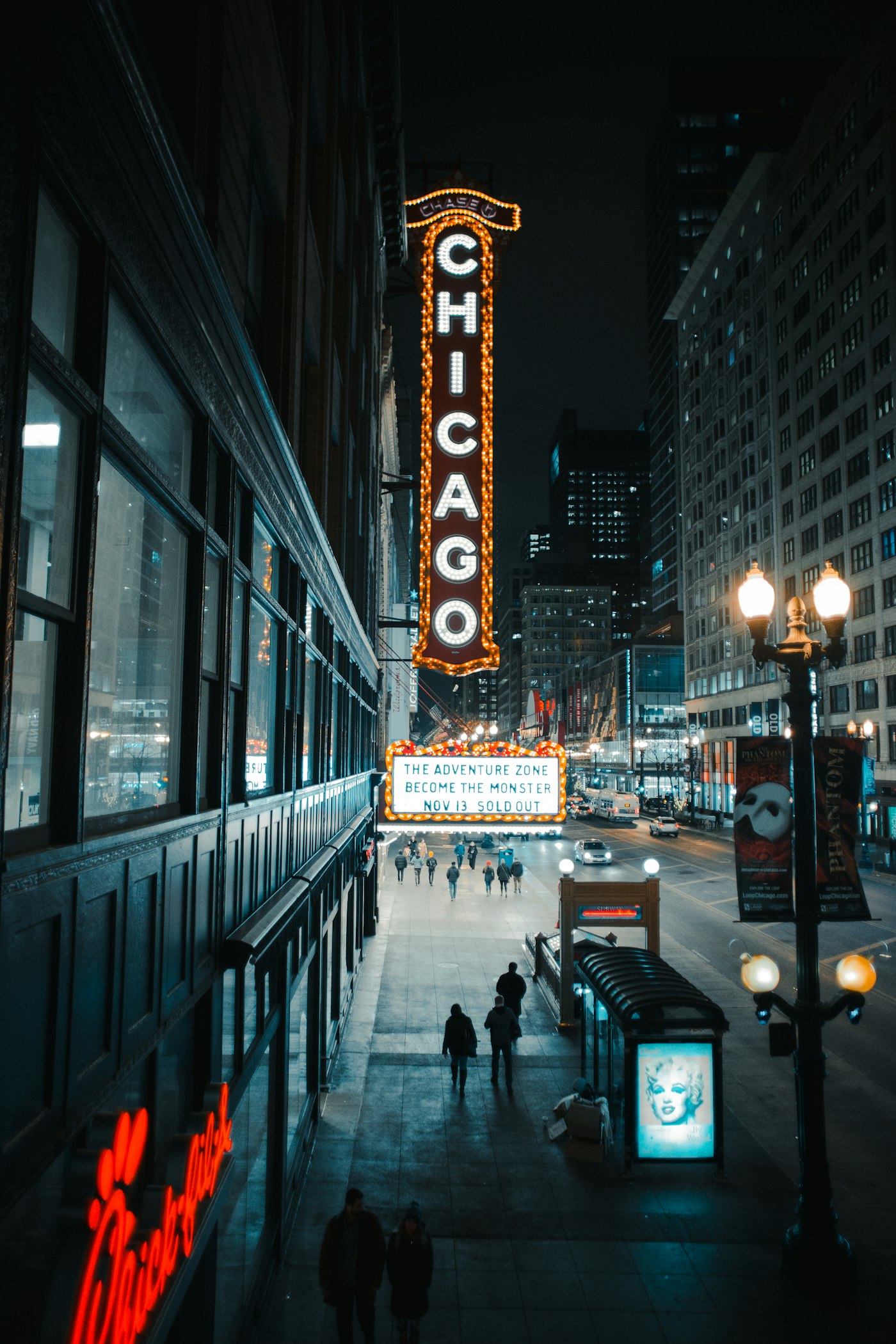 The Chicago Theatre marquee on a Chicago educational tour