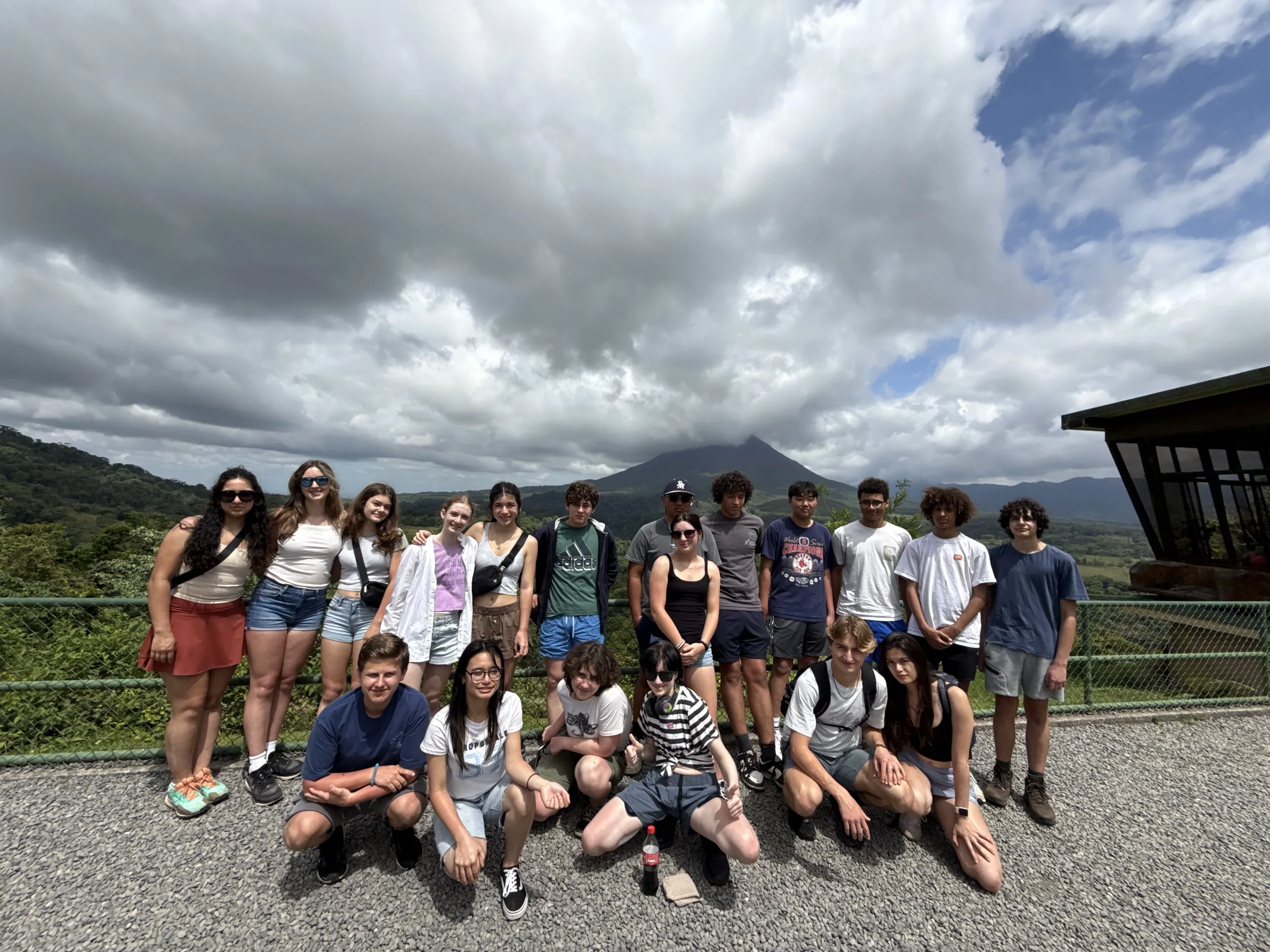 A Landmark student group at a rainforest waterfall in Costa Rica