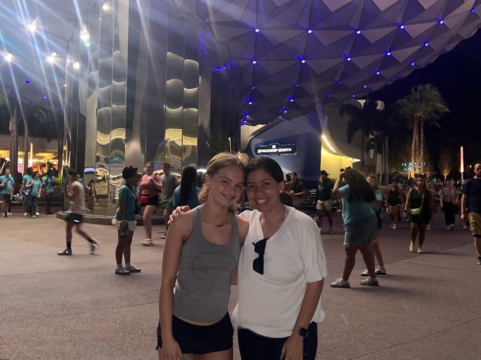Two Landmark travelers in front of Spaceship Earth at EPCOT, Walt Disney World