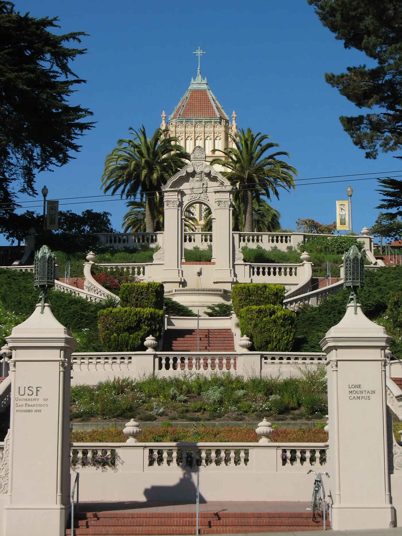 The Lone Mountain stairway and gate on the University of San Francisco campus