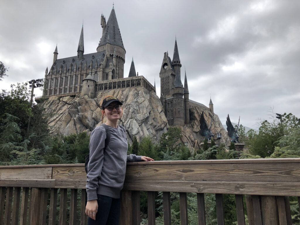 Student in Universal Studios with Harry Potter World Castle