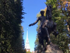 Paul Revere Statue in front of the Old North church steeple