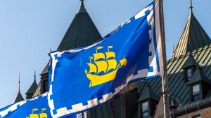 the flag of the city of quebec showig the grande hermine and the fortifications around the city