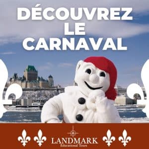 the bonhomme carnaval of quebec city saluting people and the chateau frontenac in the background
