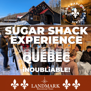 Montage of students at the sugar shack, eating dancing and eating maple taffy