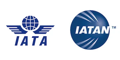 Learn about two blue and white logos: the IATA logo on the left with a globe and wings, and the IATAN logo on the right inside a circular shape with white curved lines.
