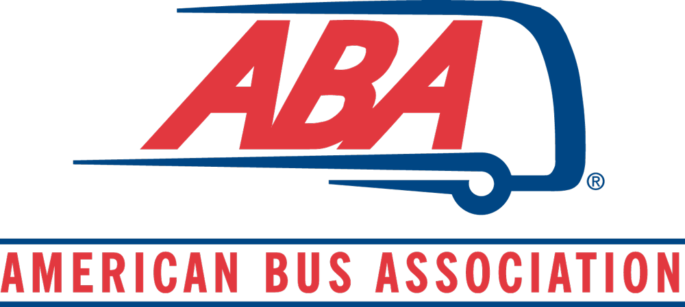 Logo for the American Bus Association features large red “ABA” text stylized within a blue outline of a bus, above the words “American Bus Association” in red on a white background—symbolizing all about motorcoach travel.