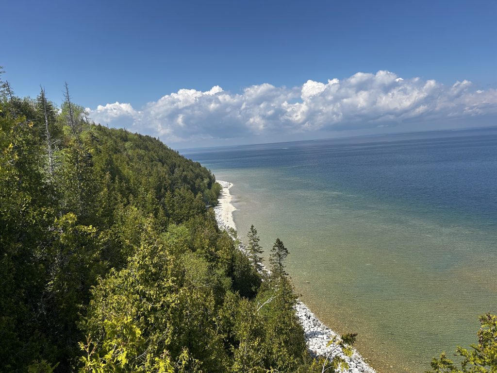 A scenic view of a clear blue lake bordered by a green, forested shoreline and a narrow, rocky beach, with a bright sky overhead—perfect for memories from your Mackinac Island Field Trip.