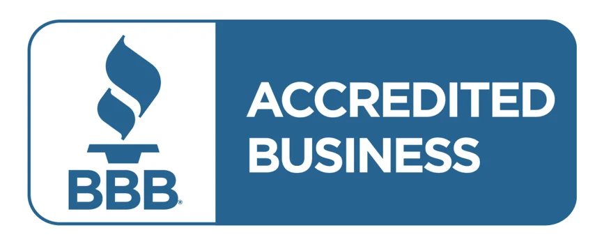 Blue and white logo with the BBB flame symbol on the left and the words "ACCREDITED BUSINESS" on the right, showing accreditation by the Better Business Bureau. Learn more about what this means for your trust and confidence.