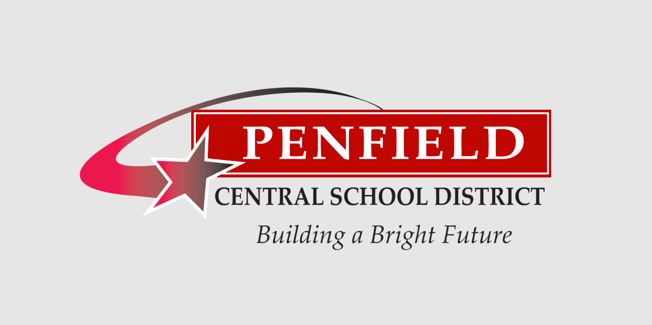 Logo for Penfield Central School District with a red star and arc, featuring the text "Penfield Central School District," the tagline "Building a Bright Future," and highlighting Accreditations & Certifications on a light gray background.