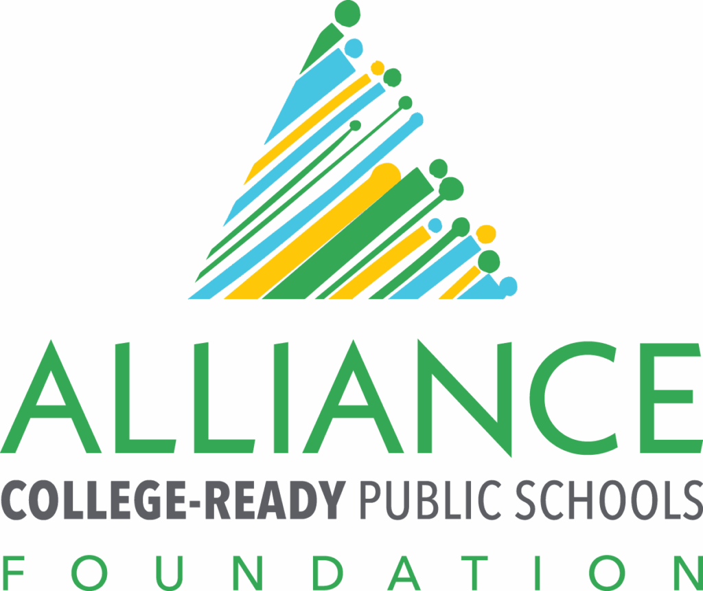 Logo for Alliance College-Ready Public Schools Foundation, featuring a stylized triangular design with green, blue, and yellow lines and dots above the organization’s name in bold green and gray text, reflecting its accreditations & certifications.