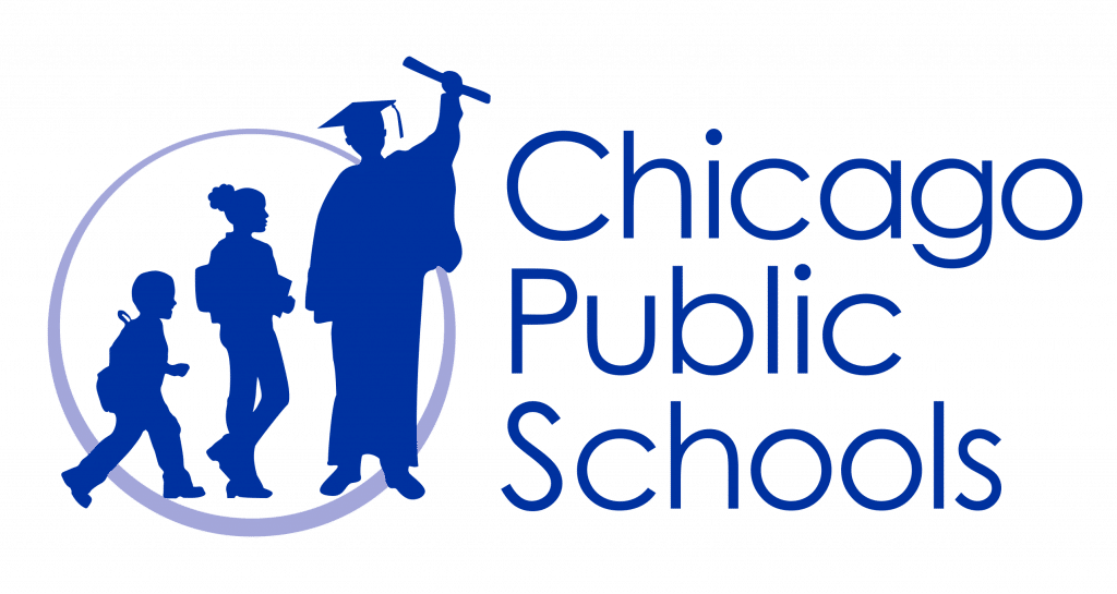 Logo for Chicago Public Schools featuring blue silhouettes of three students—a young child, a teenager with a backpack, and a graduate holding a diploma—highlighting the district’s accreditations & certifications next to the text "Chicago Public Schools.