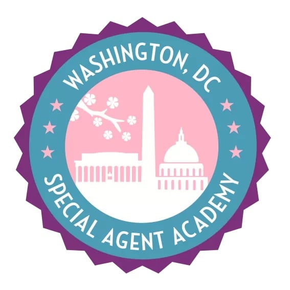 Circular logo with a purple scalloped edge, blue ring, and white stars. Inside, silhouettes of the Capitol, Washington Monument, and a building with cherry blossoms. Text: "Washington, DC Special Agent Academy" highlights accreditations & certifications.