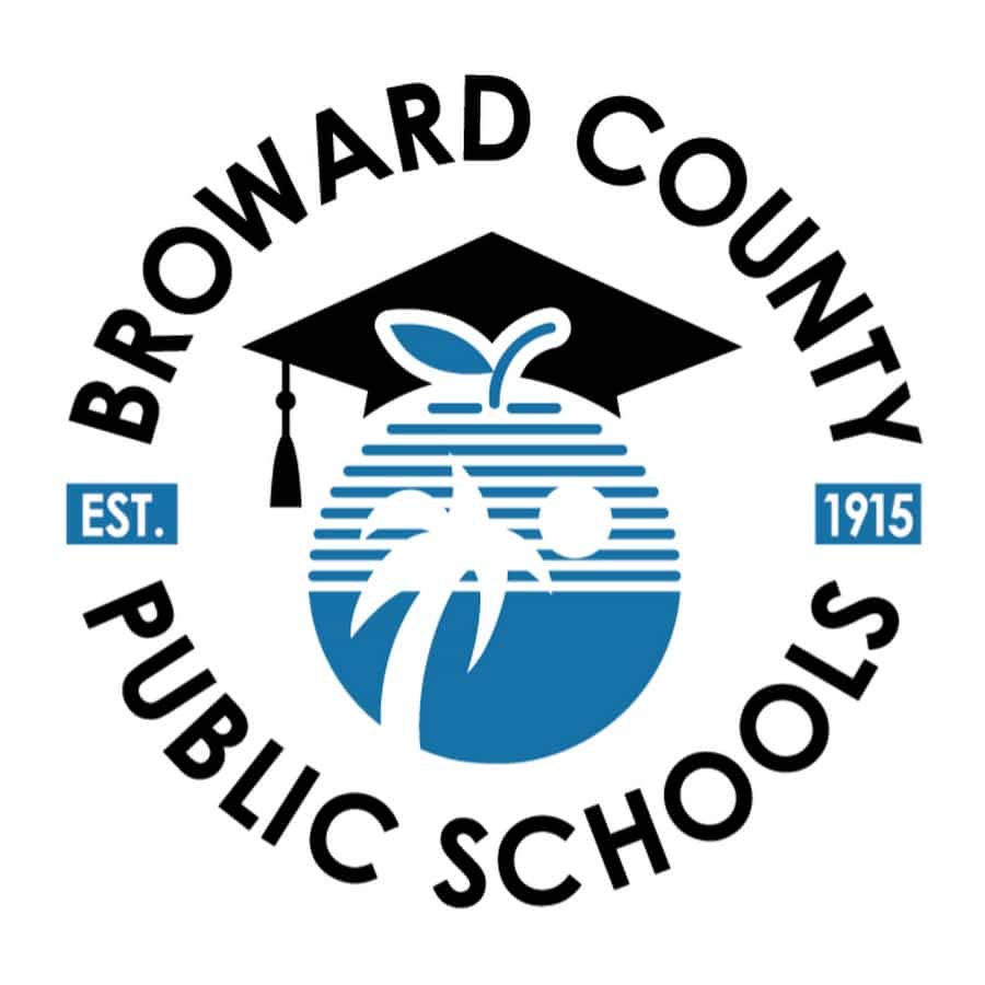 Broward County Public Schools logo featuring a blue apple with a palm tree, a black graduation cap, and the text "Broward County Public Schools" with "EST. 1915" on either side, highlighting its accreditations & certifications.