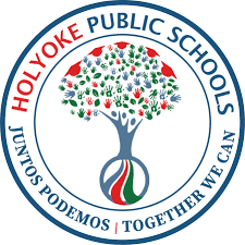 The Holyoke Public Schools logo features a tree with colorful handprints as leaves inside a blue circle, symbolizing growth and unity. The text reads "Holyoke Public Schools," "Juntos Podemos | Together We Can," and reflects our accreditations & certifications.