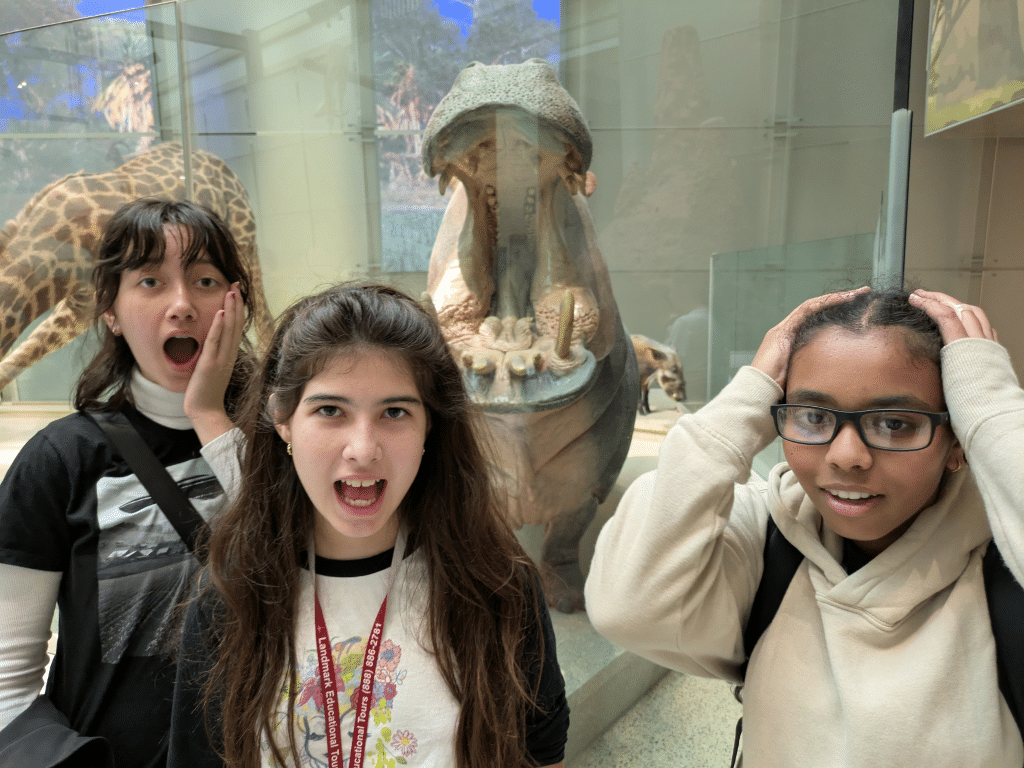Three girls pose in front of a hippo statue with its mouth wide open; each girl is making a surprised or shocked facial expression and gesture. A giraffe model is visible in the background.