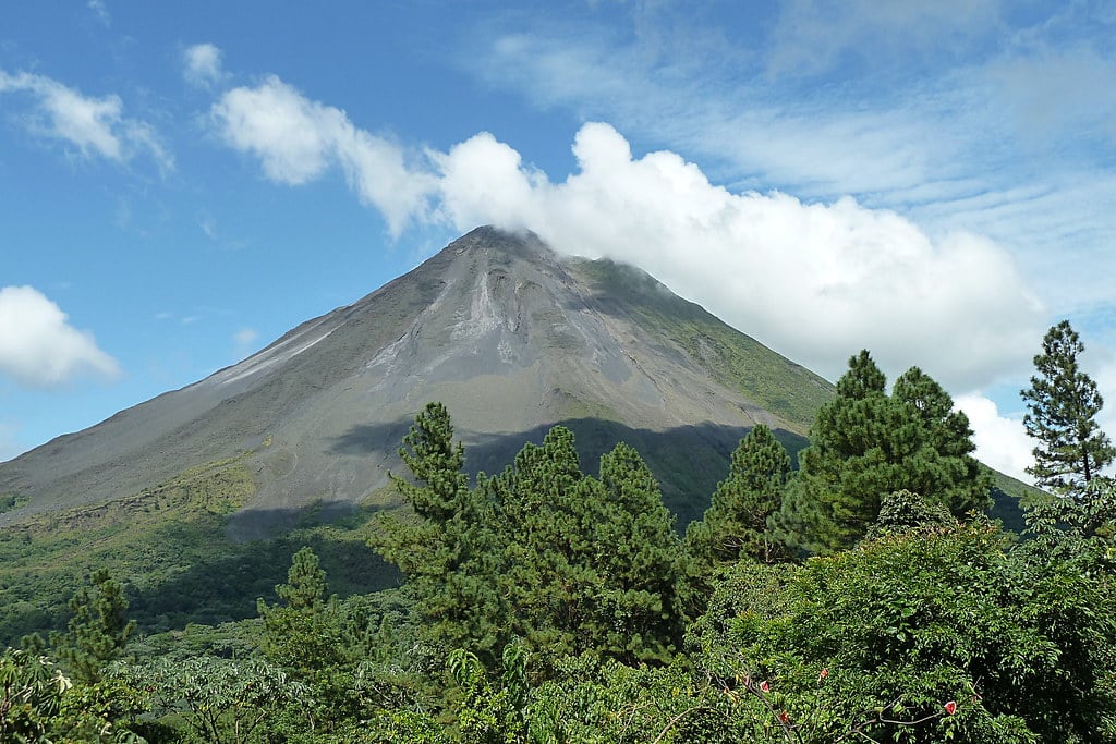 A lush green forest with tall trees in the foreground and a large conical volcano, its peak partially cloud-covered, rising under a blue sky in the background—a perfect vista for a Costa Rica school trip.