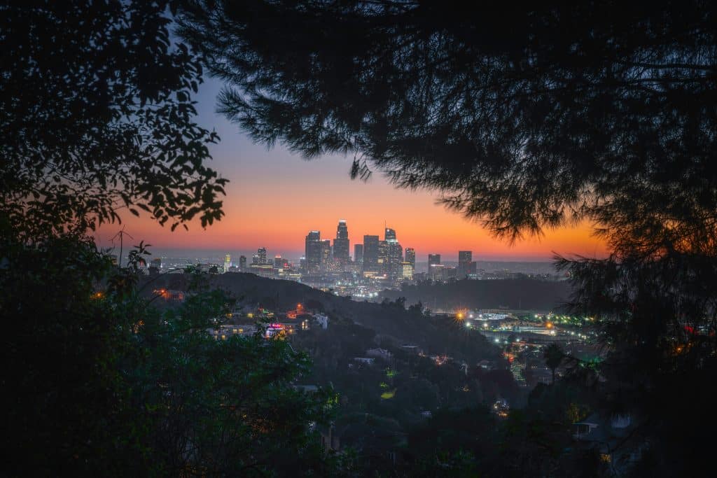 Downtown city skyline at sunset, viewed through trees. The sky glows orange and pink as city lights begin to turn on—a perfect view for students experiencing a 5 Day Los Angeles School Trip. Buildings and streets are visible below, with trees framing the scene, capturing the vibrant energy of the city at dusk.